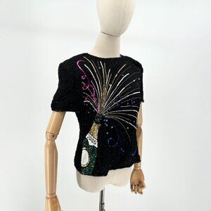 Vintage 90s Adrianna Papell Black 100% Silk Sequin Champagne NYE Top